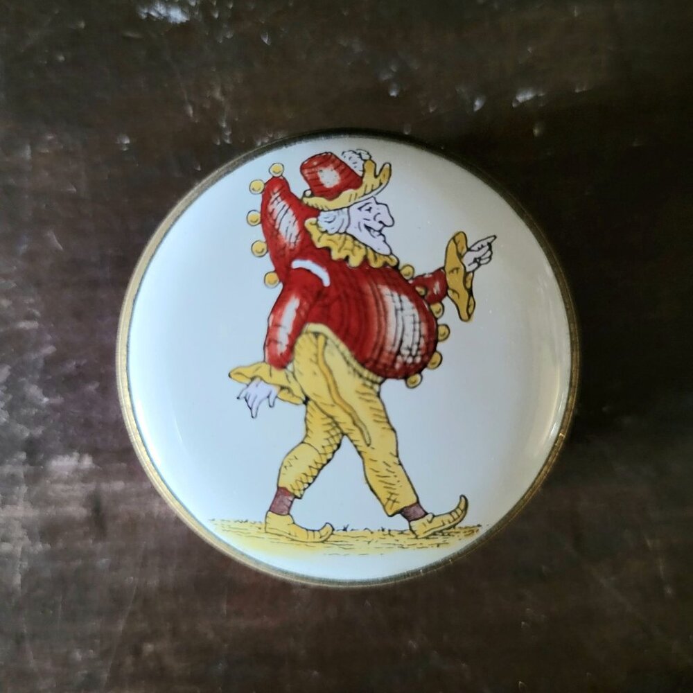 Vintage Crummles England Mini Enamel Trinket Pill Box Featuring Punch Character